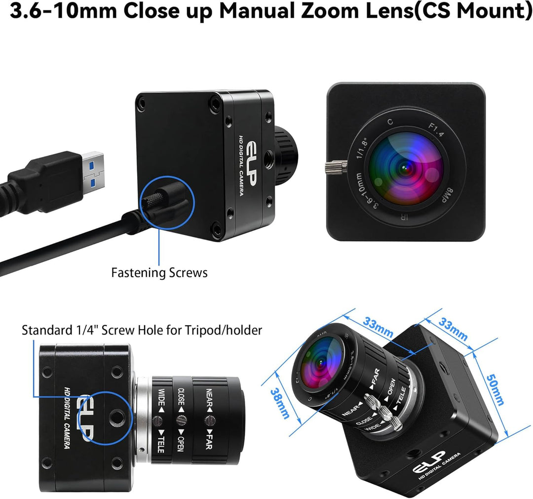 ELP 20MP USB 3.0 Industriekamera,4K UHD 3840P hohe Auflösung mit 3,6–10 mm 3-Fach manuellem Varioobj