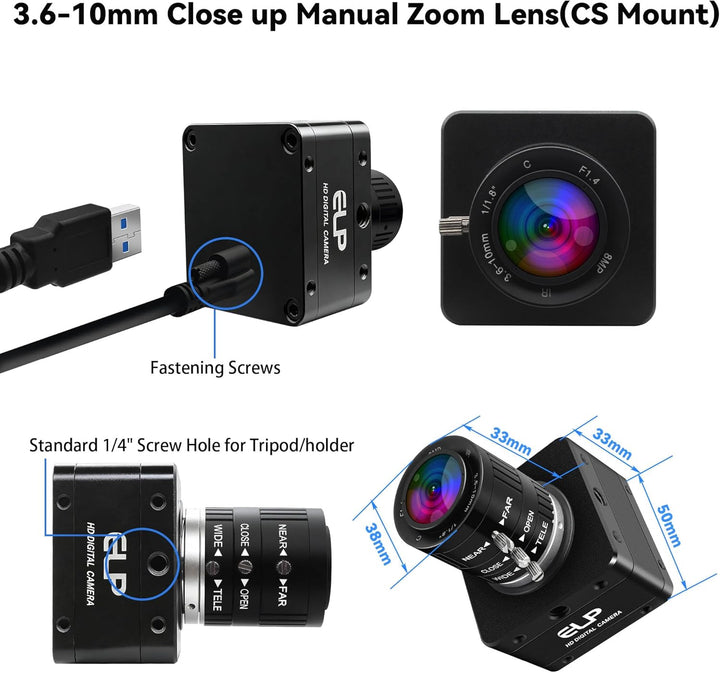 ELP 20MP USB 3.0 Industriekamera,4K UHD 3840P hohe Auflösung mit 3,6–10 mm 3-Fach manuellem Varioobj
