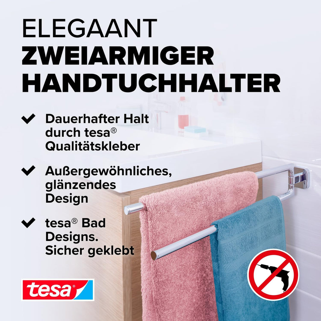 tesa ELEGAANT Bad Handtuchhalter, 2-armig und schwenkbar, verchromt - rostfrei, zur Wandbefestigung