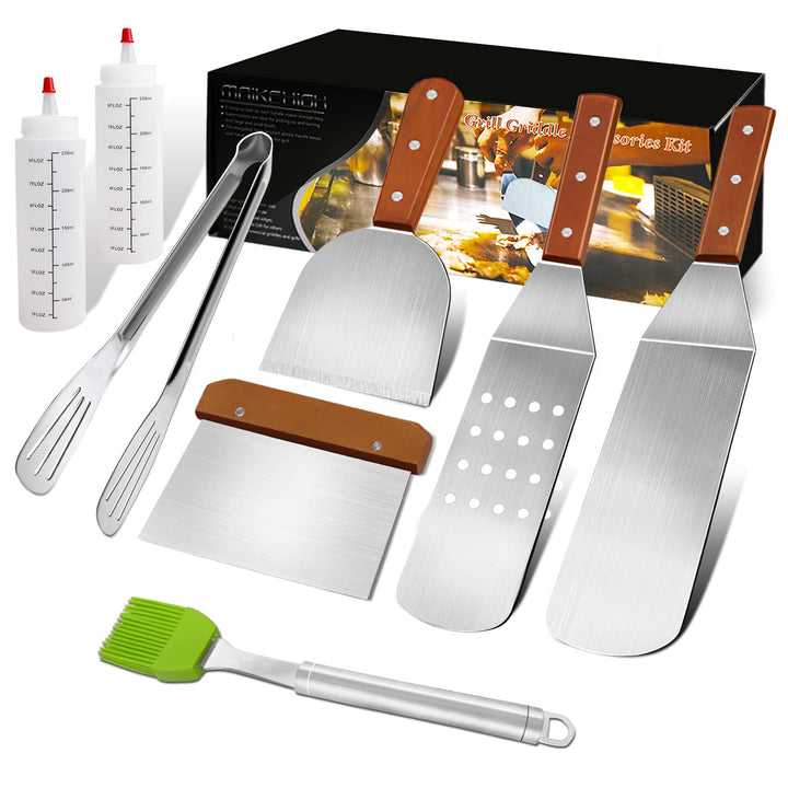 MAIKEHIGH Grillspachtel Plancha Kit Edelstahl Grillbesteck - 9 Stück Schwerer Edelstahl Pfannenwende