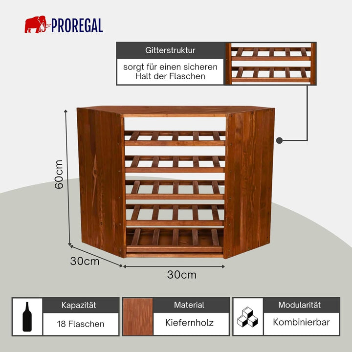 PROREGAL Modulares Weinregal VINCELLAR MOD | HxBxT 60x30x30cm | Eckmodul für 18 Flaschen | Massives