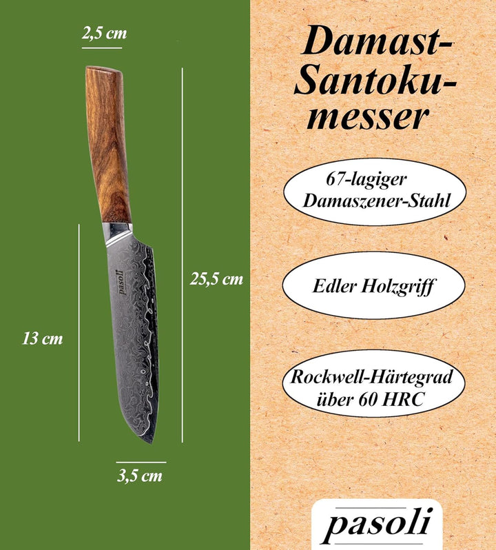 pasoli Damast Santoku-Messer inkl. Klingenschutz | 67-lagiger VG-10 Damaszener-Stahl | scharfe 13 cm