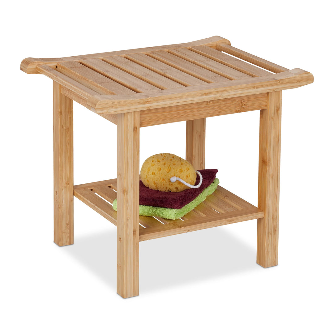 Relaxdays Badhocker aus Bambus, extra Ablagefläche & Griffe, HxBxT: 45 x 55 x 40,5 cm, Stauraum in F