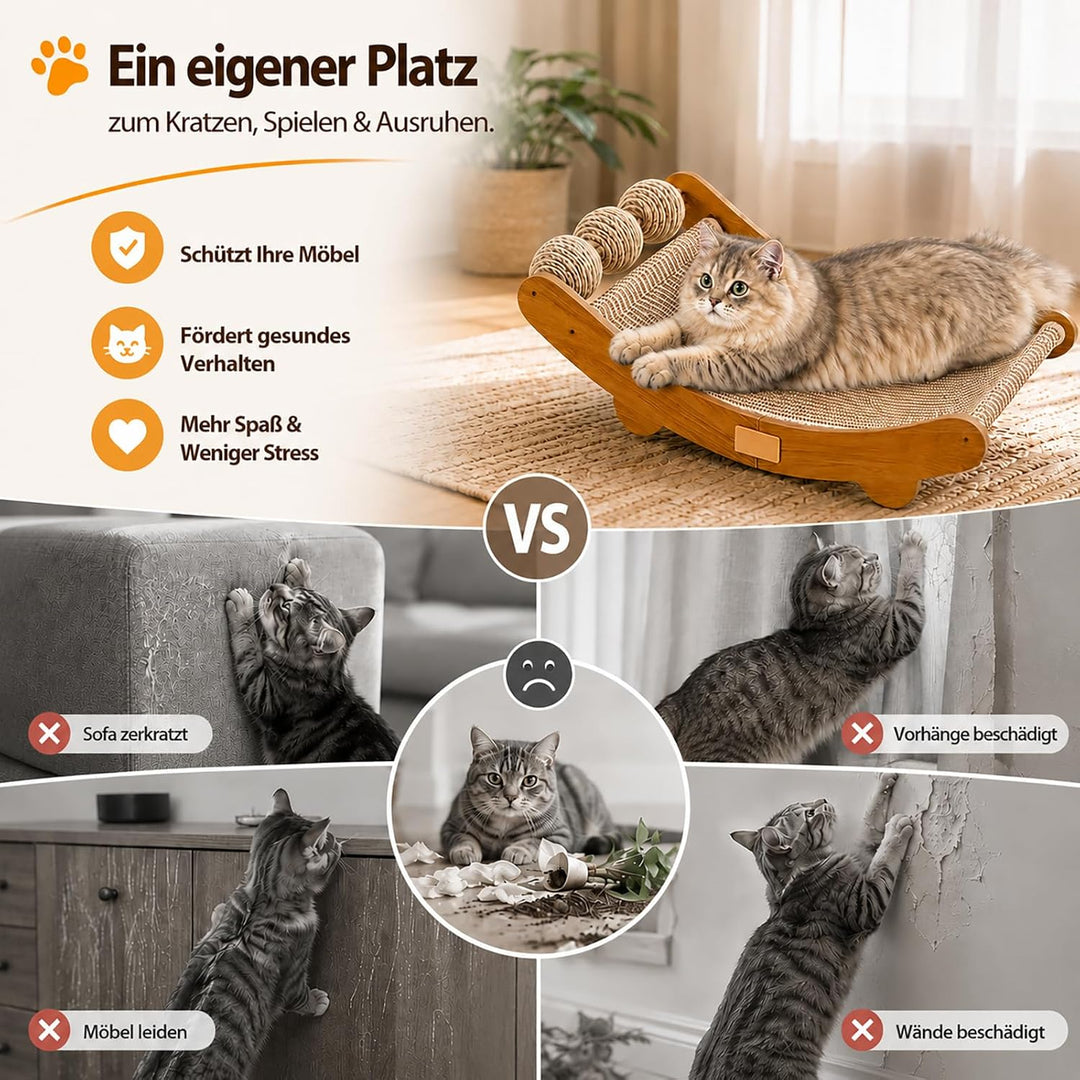 Sisal Kratzbretter Katze, 3-in-1 Kratzbrett mit Spielbällen, 64.5 x 31.5 cm | Grosses Katzen Kratzbr