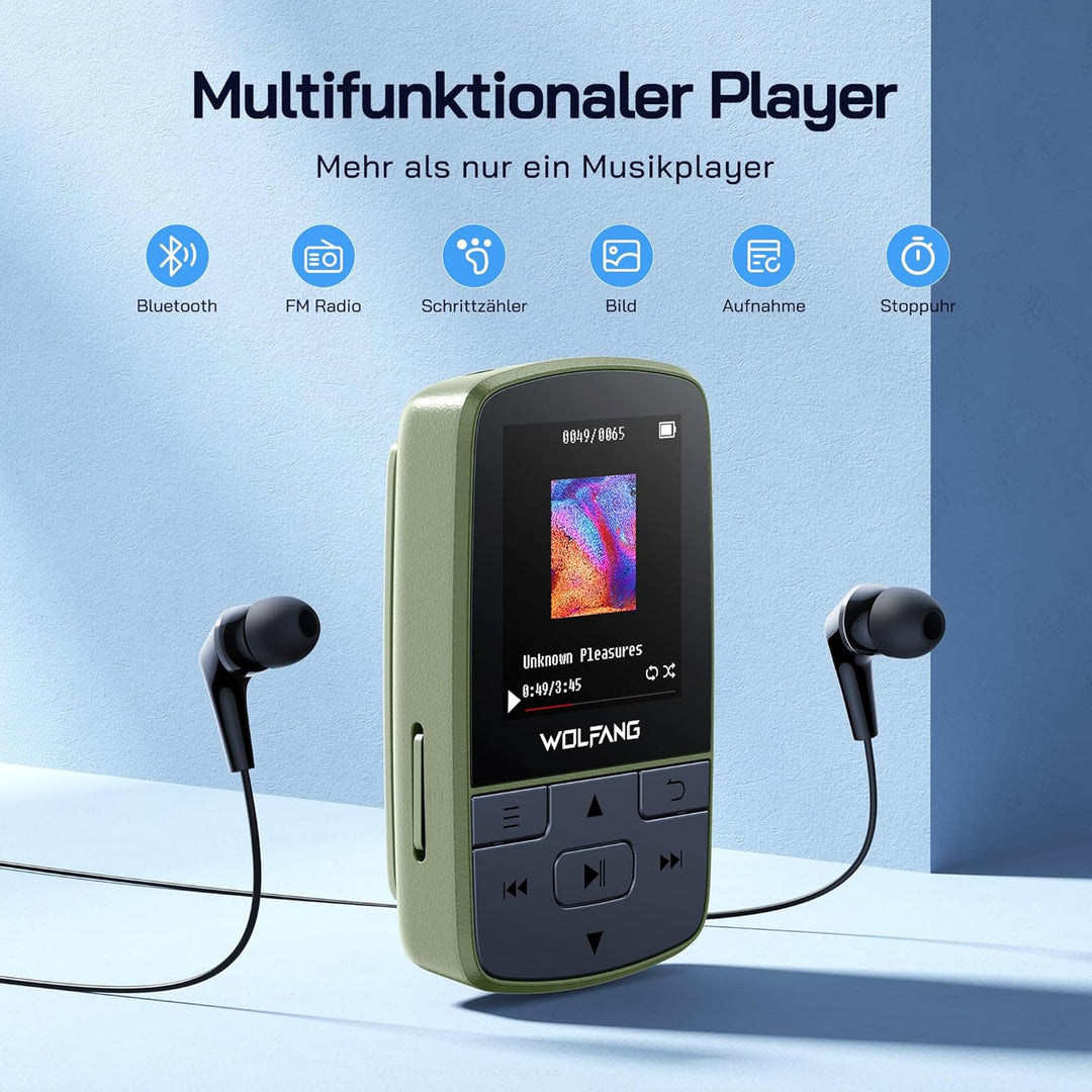 WOLFANG 64 GB MP3-Player mit Bluetooth 5.2, Sportclip, Mini-Grösse, Gewicht 28,3 g, HiF-FM-Radio, Di