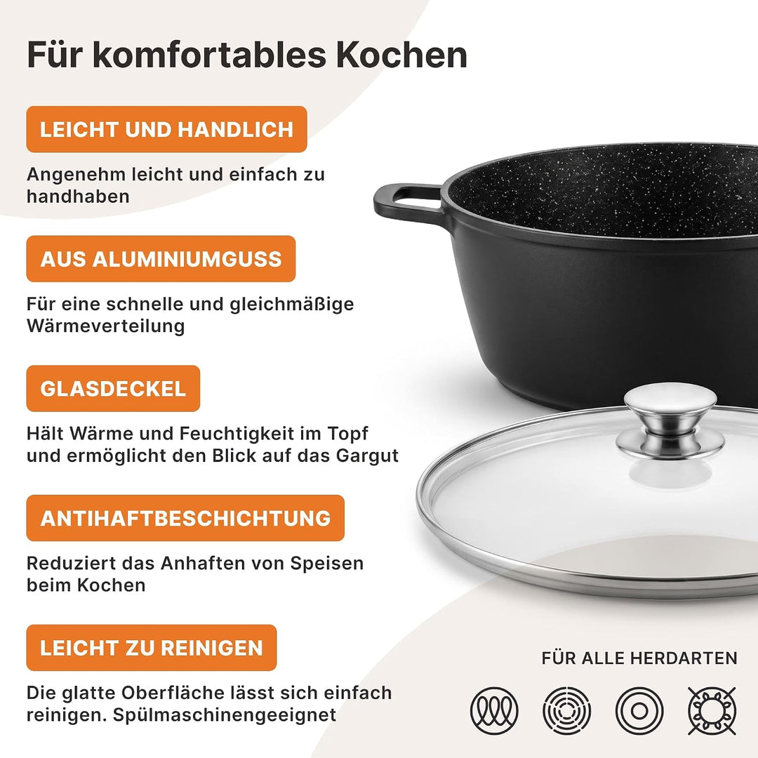 Kochtopf 13 L Suppentopf Aluminiumguss Antihaft Milchtopf Induktion Schmortopf 36 cm mit Glasdeckel