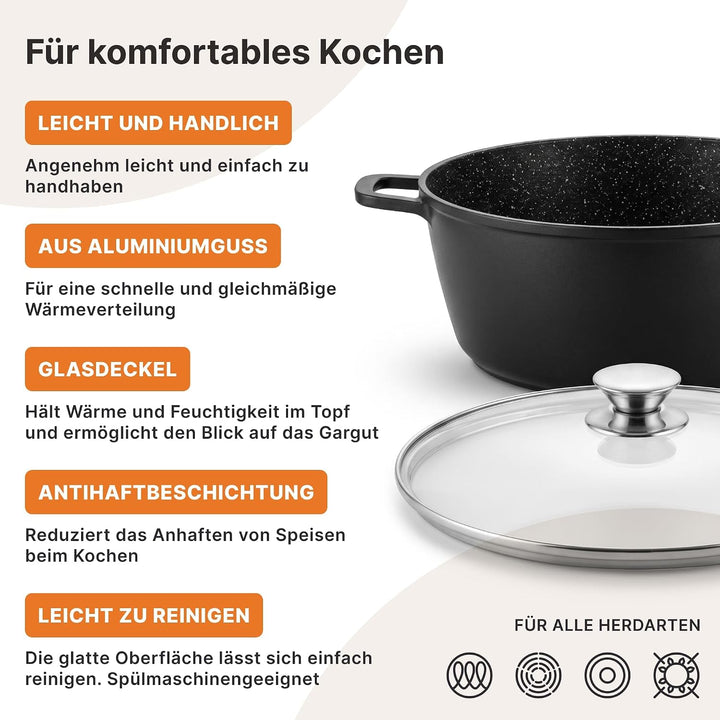 Kochtopf 13 L Suppentopf Aluminiumguss Antihaft Milchtopf Induktion Schmortopf 36 cm mit Glasdeckel
