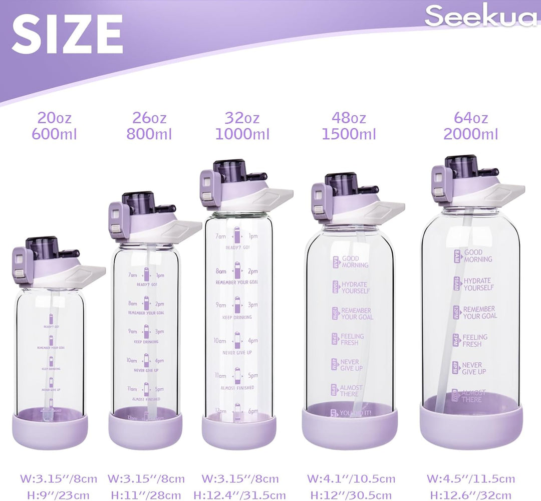 Seekua 0.6l Sport Trinkflasche Glas Flasche mit Strohhalm & Zeitmarkierung für Kinder, Schule 600ml