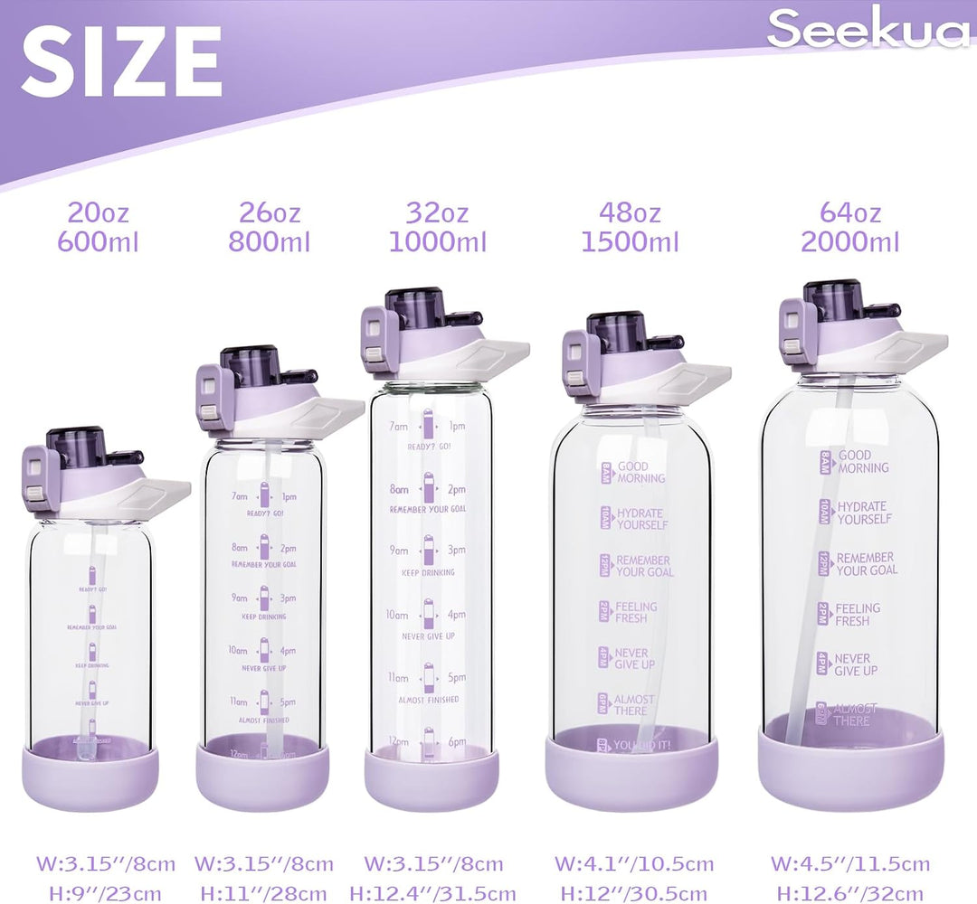 Seekua 0.8l Sport Trinkflasche Glas Flasche mit Strohhalm &amp; Zeitmarkierung 800ml auslaufsicher bpa f