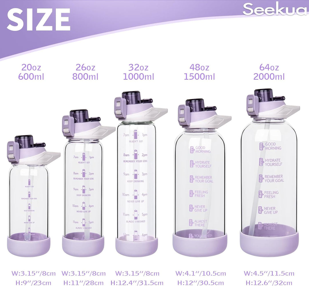 Seekua 0.8l Sport Trinkflasche Glas Flasche mit Strohhalm &amp; Zeitmarkierung 800ml auslaufsicher bpa f