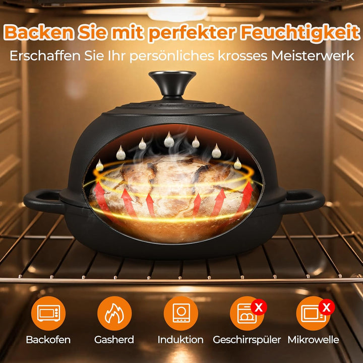 Gusseisen Topf Brot Backen,4,7L Bräter Schmortopf mit Deckel,24 cm Dutch Oven,Brotbacktopf mit Silik