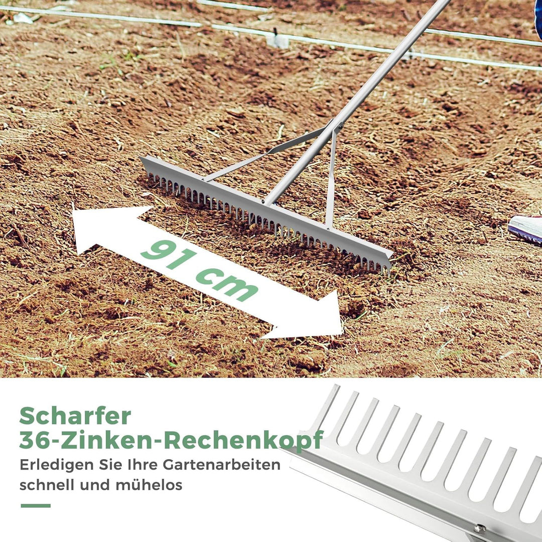 COSTWAY Rechen, Gartenrechen mit 91 cm Arbeitsbreite, 36 Zinken & 174 cm langem Griff, Laubrechen au