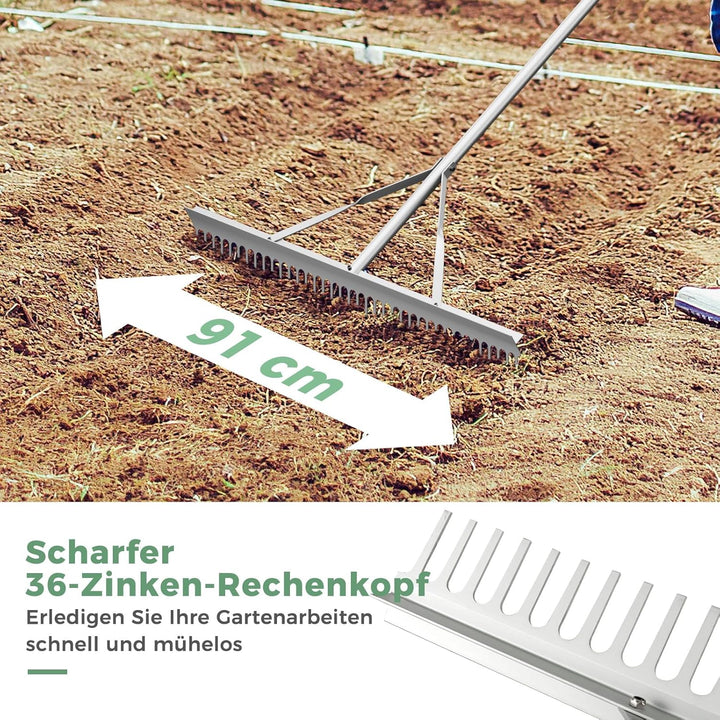 COSTWAY Rechen, Gartenrechen mit 91 cm Arbeitsbreite, 36 Zinken & 174 cm langem Griff, Laubrechen au