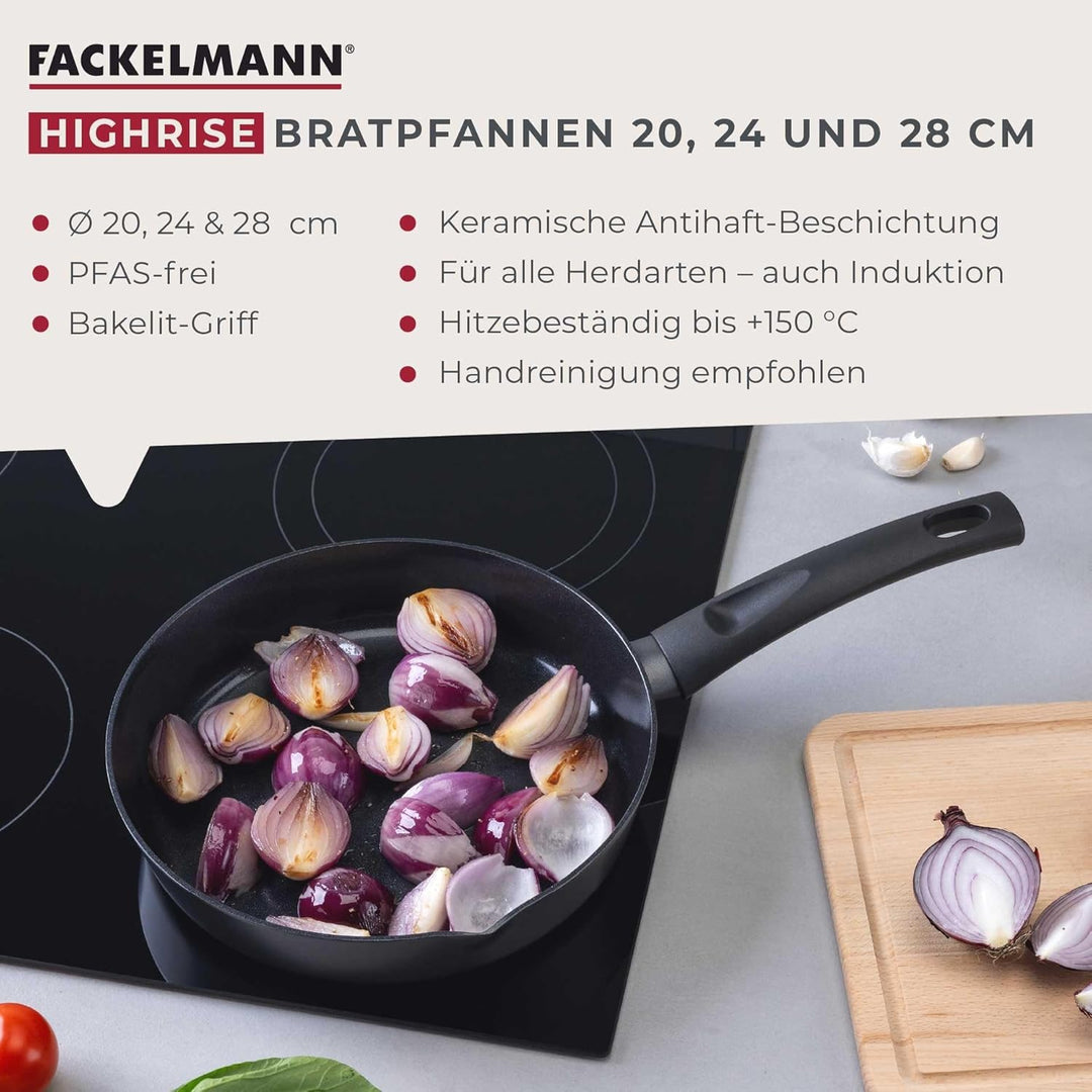 FACKELMANN Pfannenset Highrise 3-tlg Ø 20/24/28 cm – Antihaft-Bratpfannen aus recyceltem Aluminium,