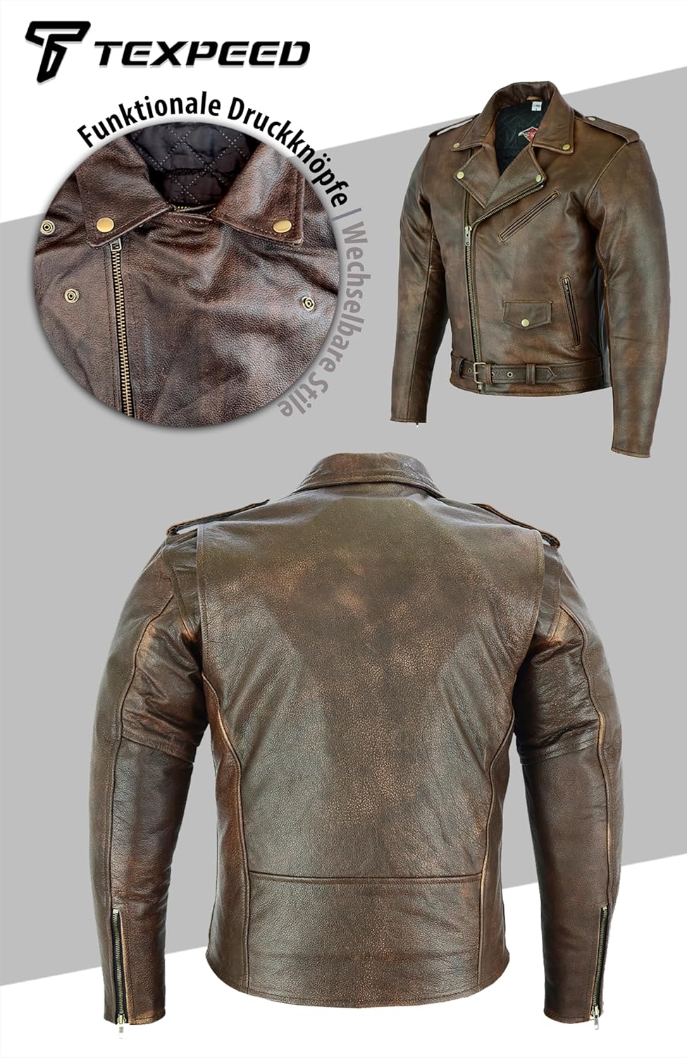Texpeed Braun Motorrad lederjacke herren mit protektoren - Marlon Brando Retro Chopper Rockerjacke -