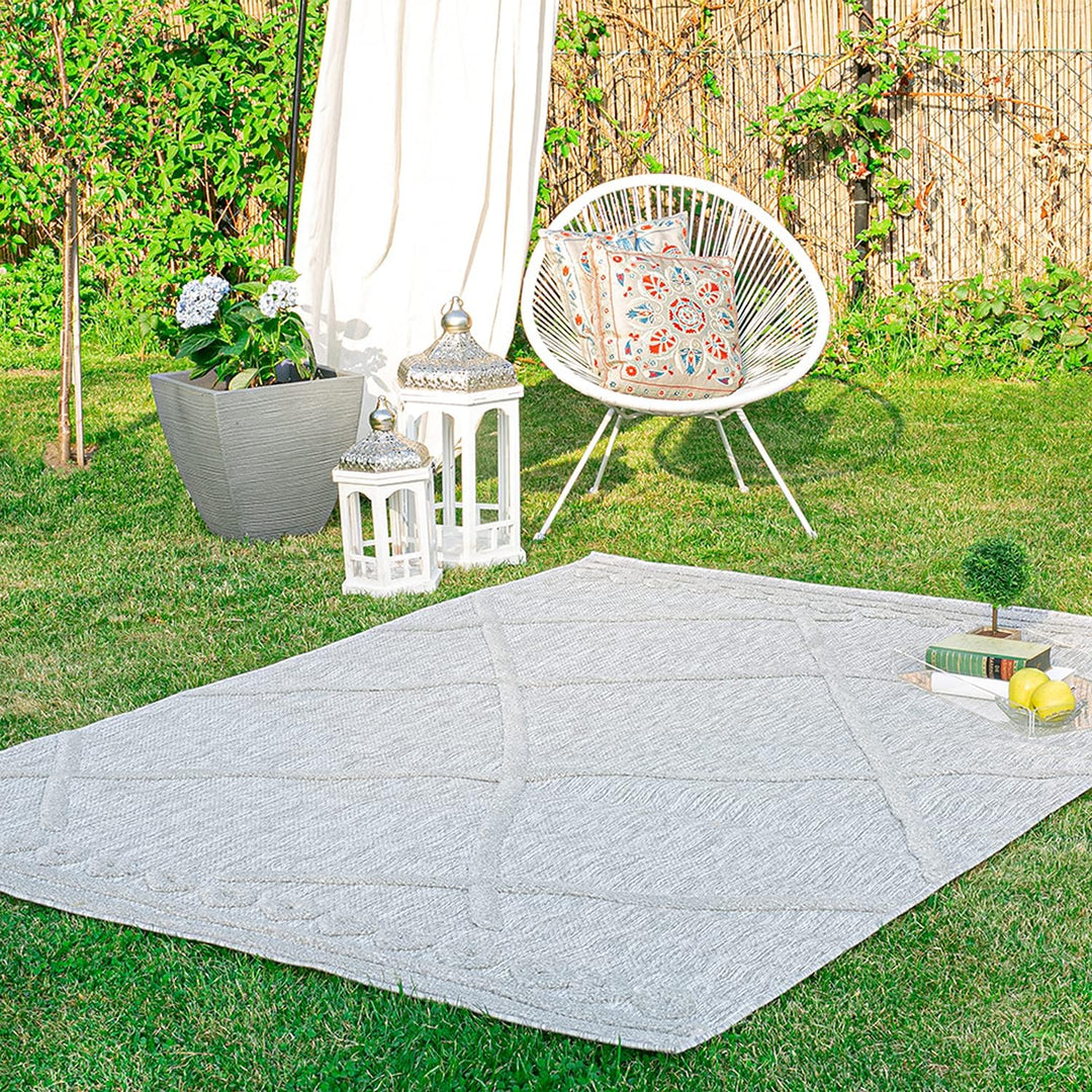 Teppich - In- & Outdoorteppich - Grau - Geometrische Muster - 80x150cm - Teppiche für Balkon Terrass