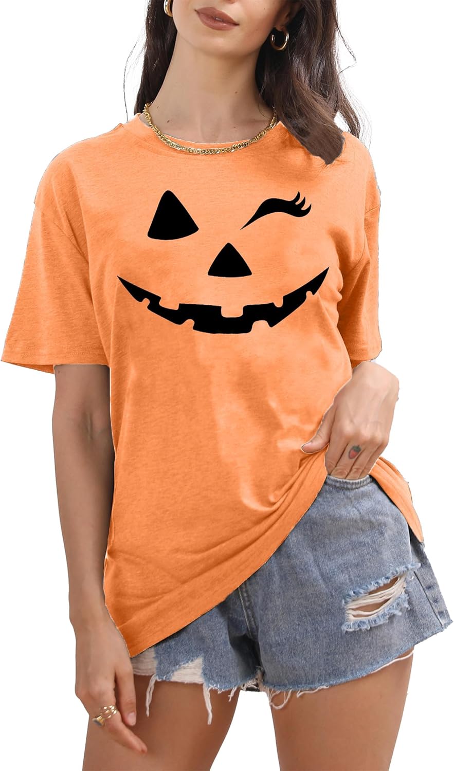 Damen Halloween KüRbisgesicht T-Shirt Frauen KüRbis Shirt Herbst Karneval Shirts M Orange2, M Orange