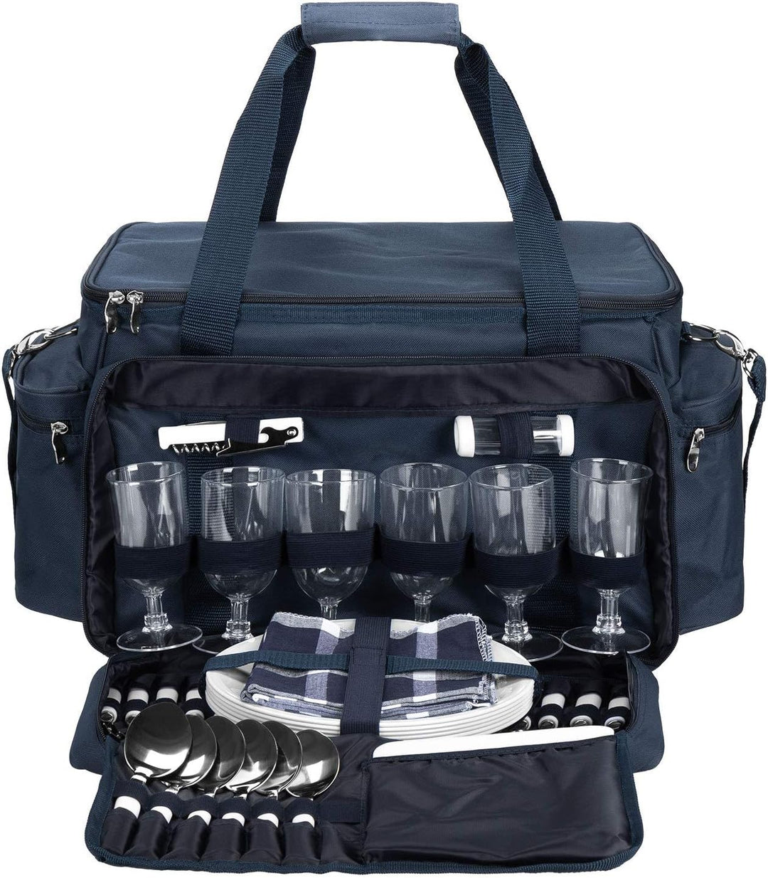 anndora XXL Picknicktasche 6 Personen blau weiss - Vollausstattung 57 Teile Navy Blau Weiss, Navy Bl