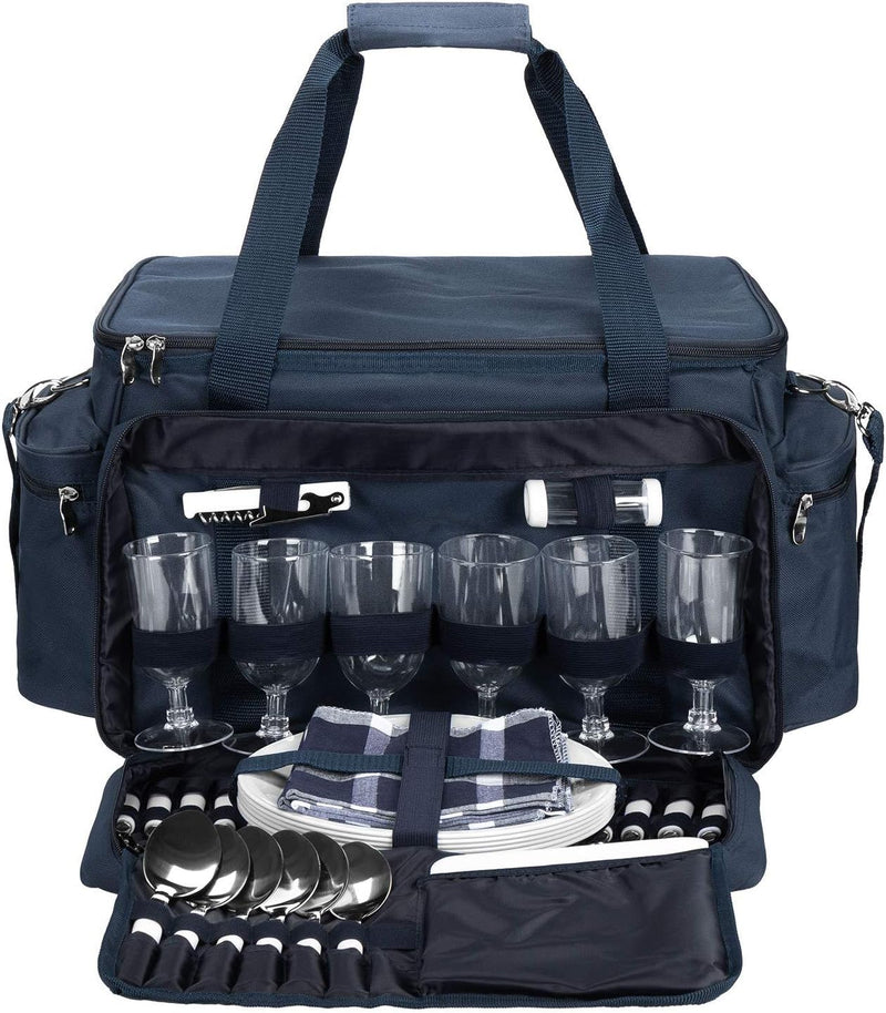 anndora XXL Picknicktasche 6 Personen blau weiss - Vollausstattung 57 Teile Navy Blau Weiss, Navy Bl