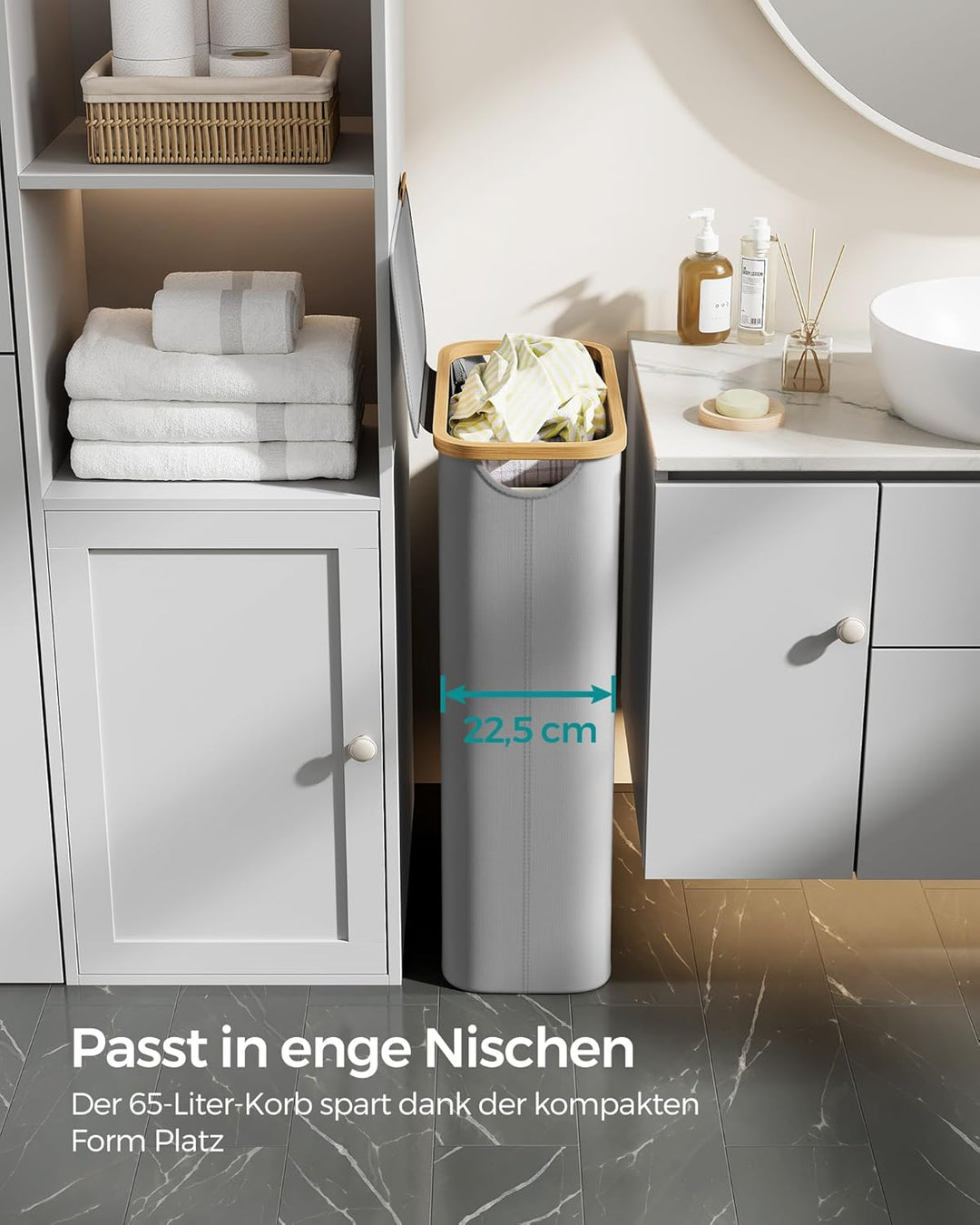 SONGMICS Wäschekorb mit Deckel, Wäschesammler 65 L, platzsparend, herausnehmbarer Wäschesack, Oxford