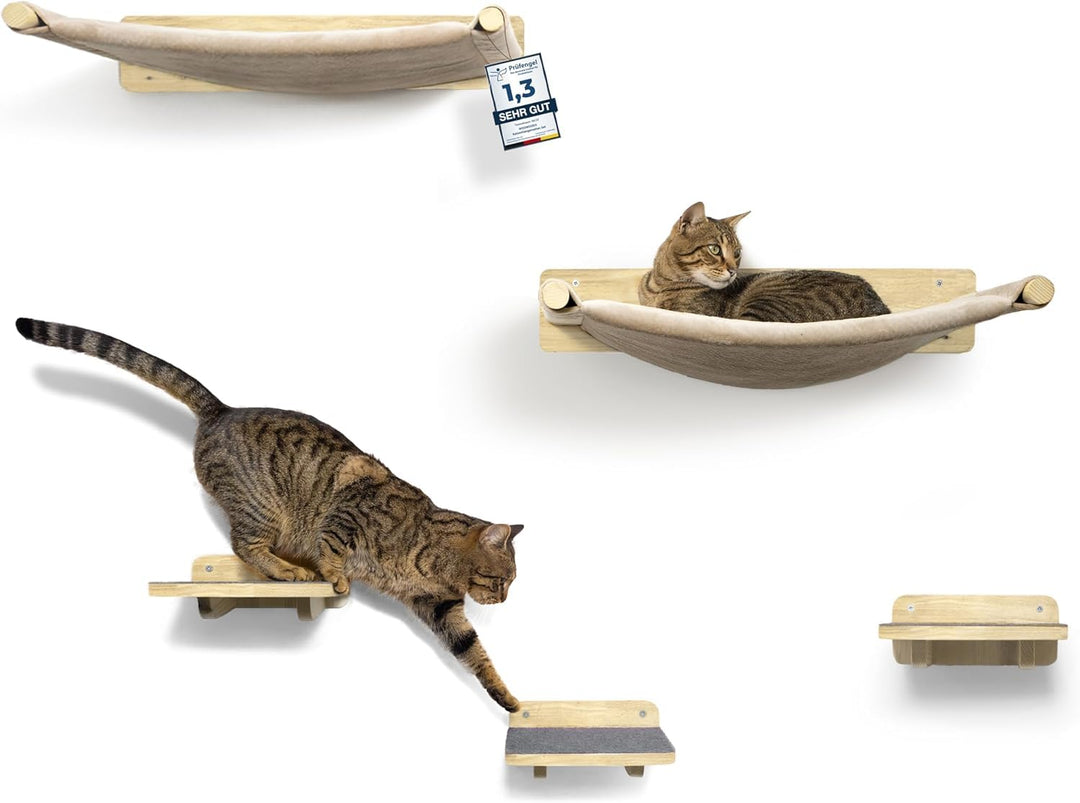 WOOWOOD® 2X Kletterwand Katzen - 2X Katzentreppe Wand [Vollholz] - Kratzbaum Wand - Hängematte Katze