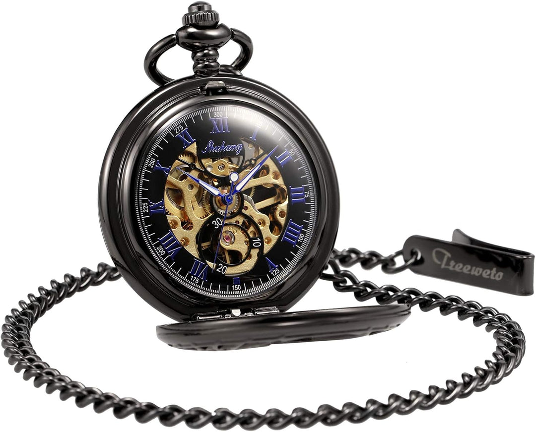 TREEWETO Unisex Taschenuhr mit Kette Analog Handaufzug Doppelscharnier Adler Skelett Römische Ziffer