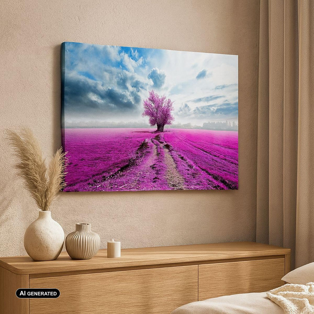 Bilder auf Leinwand Heidefeld Baum Wolken Landschaft Leinwandbild 70x50cm Wandbilder Dekoration Wohn