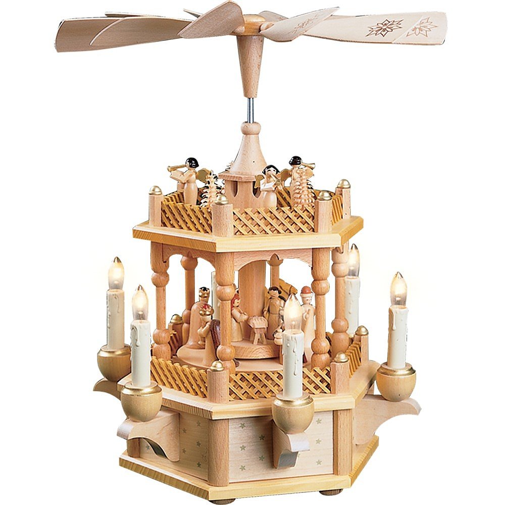 Weihnachtspyramide Christi Geburt, 33 cm hoch, elektrisch beleuchtet und angetrieben, original Erzge