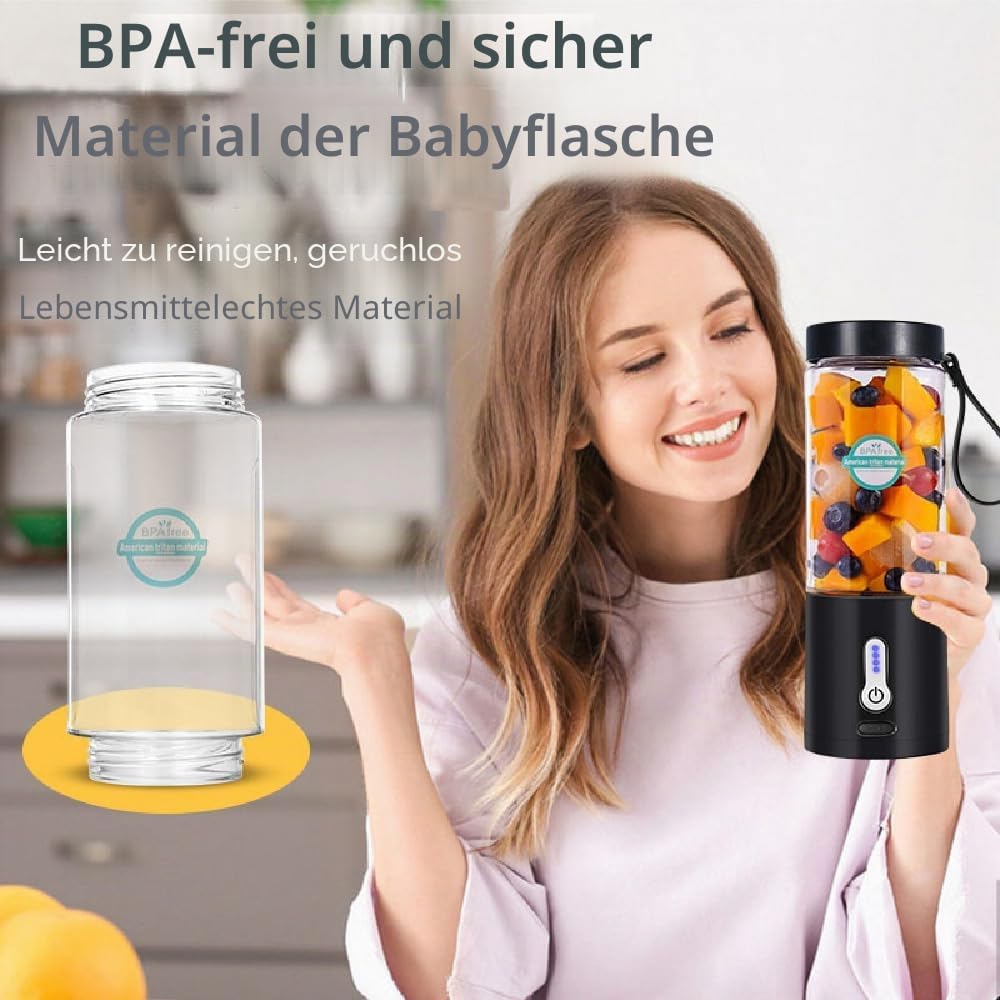 Tragbarer Mixer, Smoothie Maker to go für Shakes und Smoothies mit 6 scharfen Klingen, USB-wiederauf