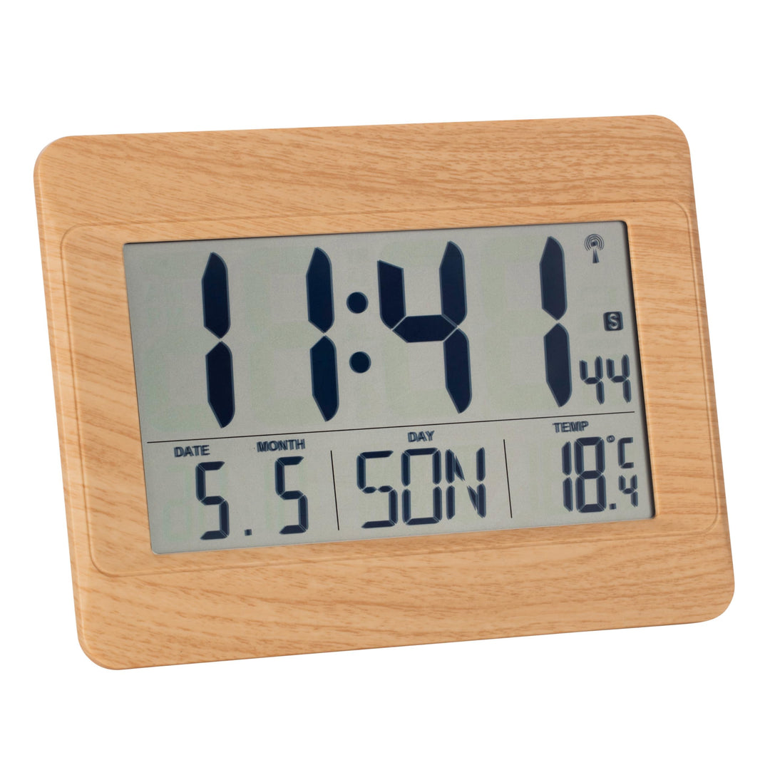 TFA Dostmann Wanduhr digital, 60.4519, Funkuhr mit Innentemperatur, Wochentag (8 Sprachen), Datum, Z