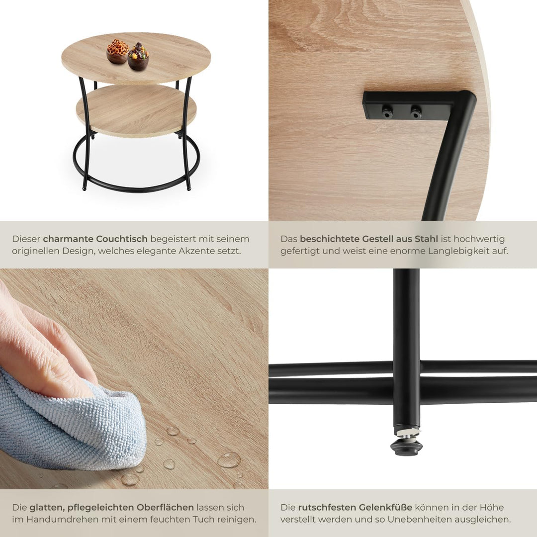 tectake® Tisch rund, 2 Ablagen, Wohnzimmertisch Ø 80, Couchtisch mit Stauraum, Beistelltisch Holz un