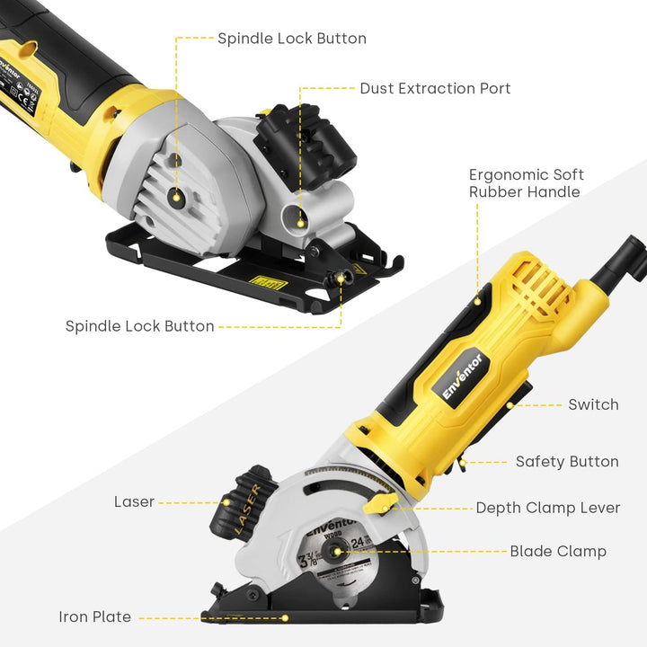 Enventor Mini Kreissäge 580W, Mini Handkreissäge mit Skalenlineal & Laserführung, 4000RPM, Einhändig