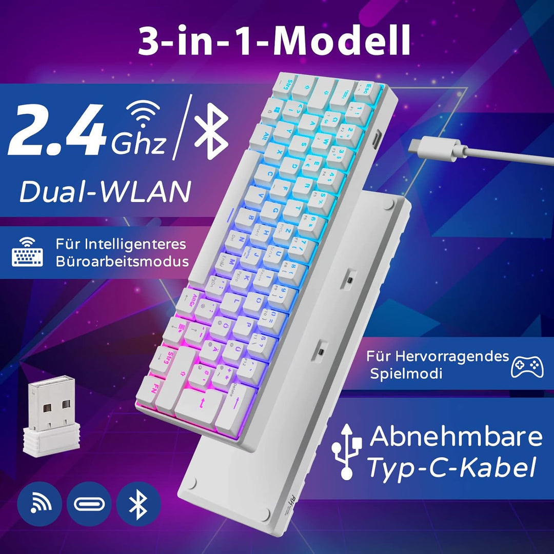 RK61 Mechanische Gaming-Tastatur, 2,4 GHz Wireless/Bluetooth/Wired 60% Mechanische Tastatur 61 Taste