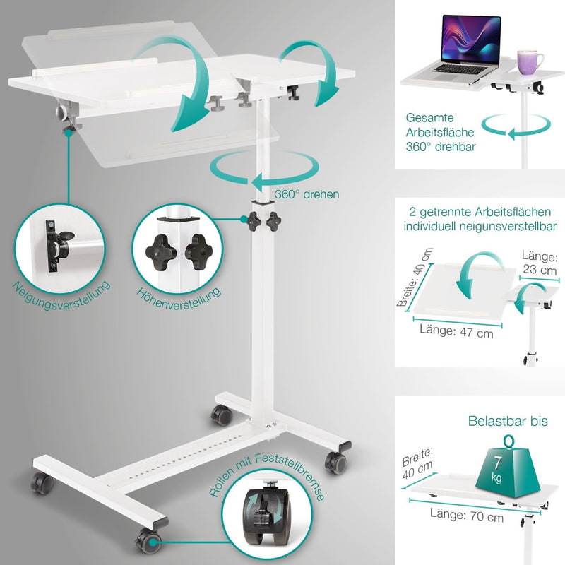 maxVitalis mobiler Betttisch auf Rollen, Beistelltisch höhenverstellbar/breitenverstellbar, Tischpla