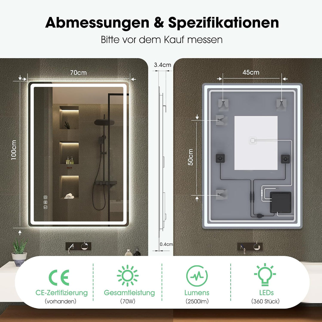 S'bagno Bluetooth-Badspiegel-mit-Beleuchtung-100x70cm, LED-Badezimmerspiegel mit Entfoggen, 3000K-65