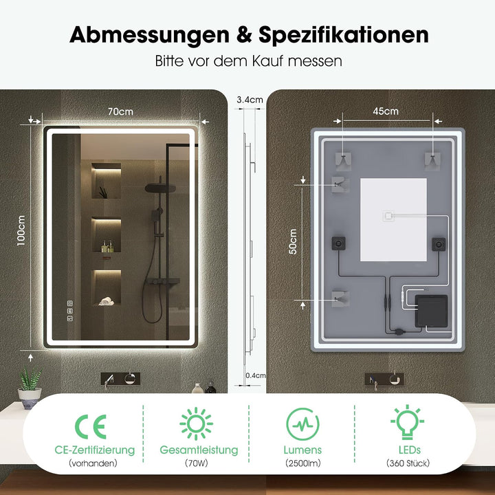 S'bagno Bluetooth-Badspiegel-mit-Beleuchtung-100x70cm, LED-Badezimmerspiegel mit Entfoggen, 3000K-65