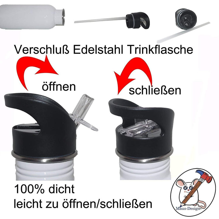 Trinkflasche mit Name/wahlweise 400ml, 500ml oder 600ml + Schriftwahl für Name + Edelstahl oder Alum
