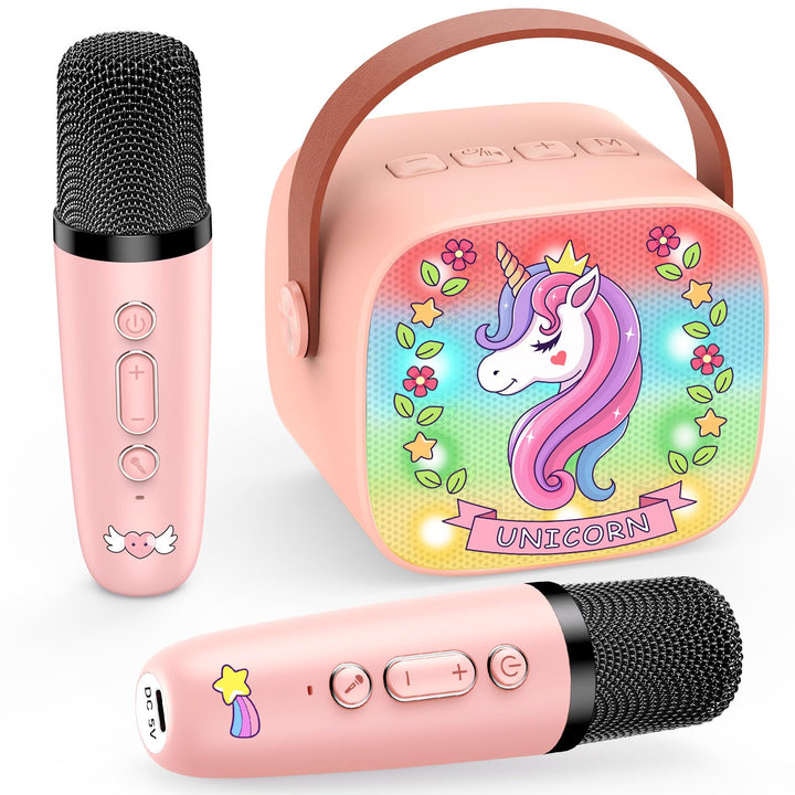 Dislocati Karaoke Maschine mit 2 Bluetooth Mikrofon Kinder, Einhorn Geschenk für Mädchen 3-12 Jahre