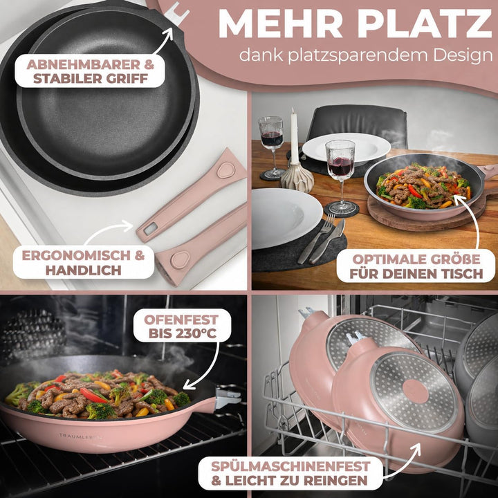 NEU Pfannenset 2-teilig 24, 28 cm mit abnehmbarem Griff, Antihaftbeschichtung, PFOA frei, für Indukt