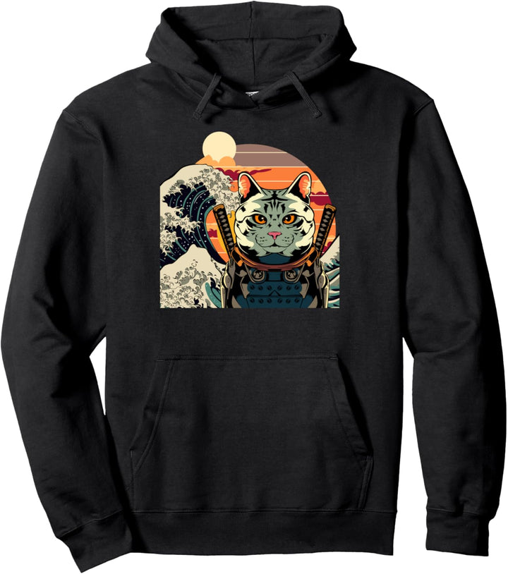 Japanische Samurai Retro Katze Grosse Welle Kanagawa Wave Pullover Hoodie
