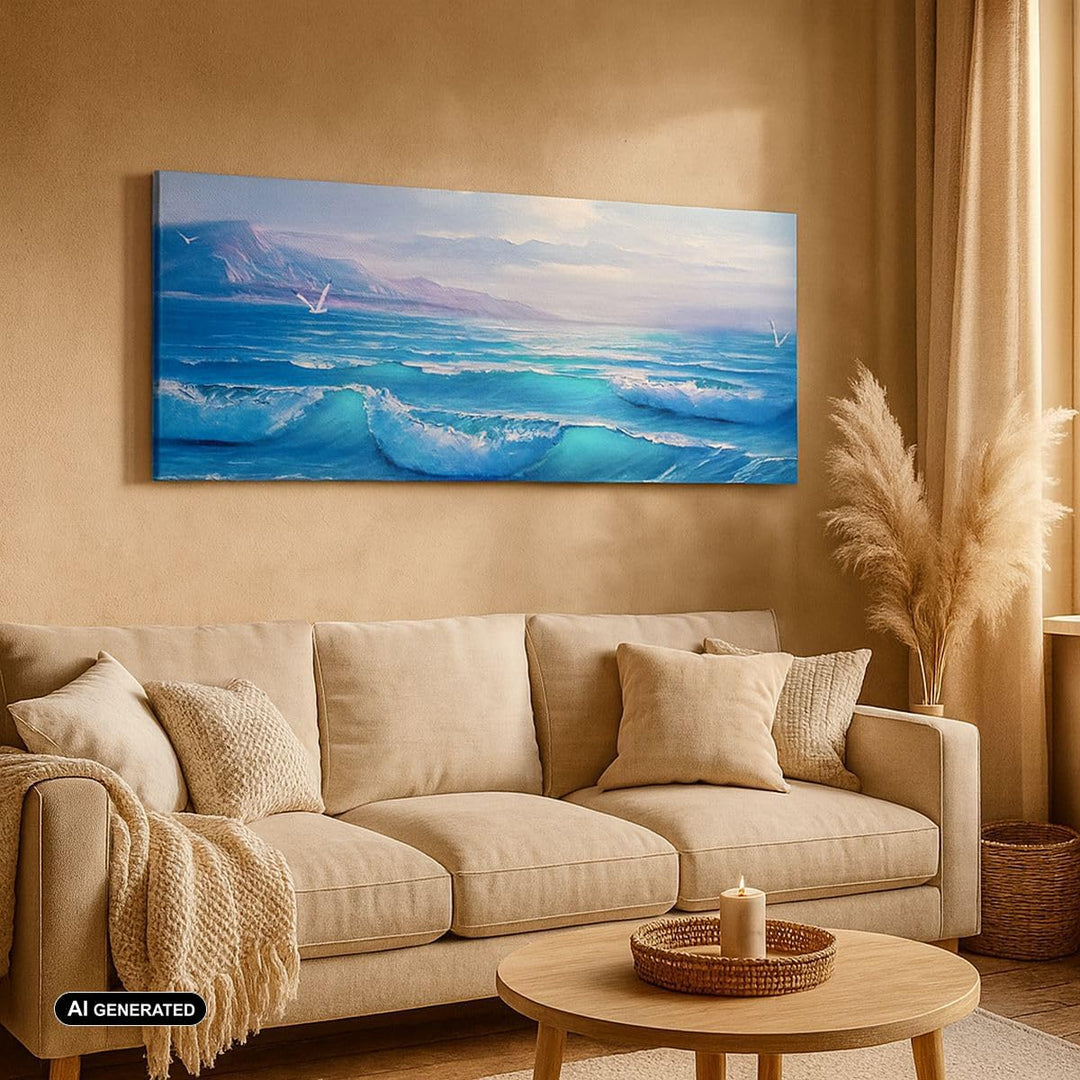 Wandbilder Dekoration Wohnzimmer Meer Welle Möwe Panorama Bilder auf Leinwand 120x50cm Leinwandbild
