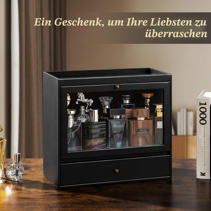 Parfüm Organizer, Leder Herren Parfüm Ständer mit Schublade, Parfüm Regal mit Transparent Sichtbarer
