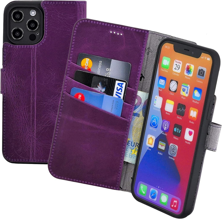 Suncase Book-Style Hülle kompatibel mit iPhone 12 Pro (6.1") Leder Tasche (Slim-Fit) Lederhülle Hand