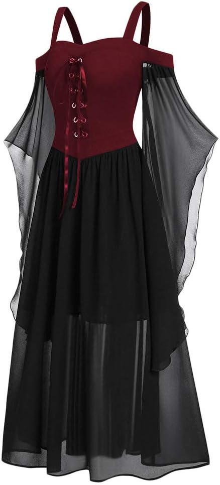 CHARMMA Gothic Halloween Kleid Kostüm Damen,Übergrösse A-Linie Schnüren Maxi Kleider mit Schmetterli