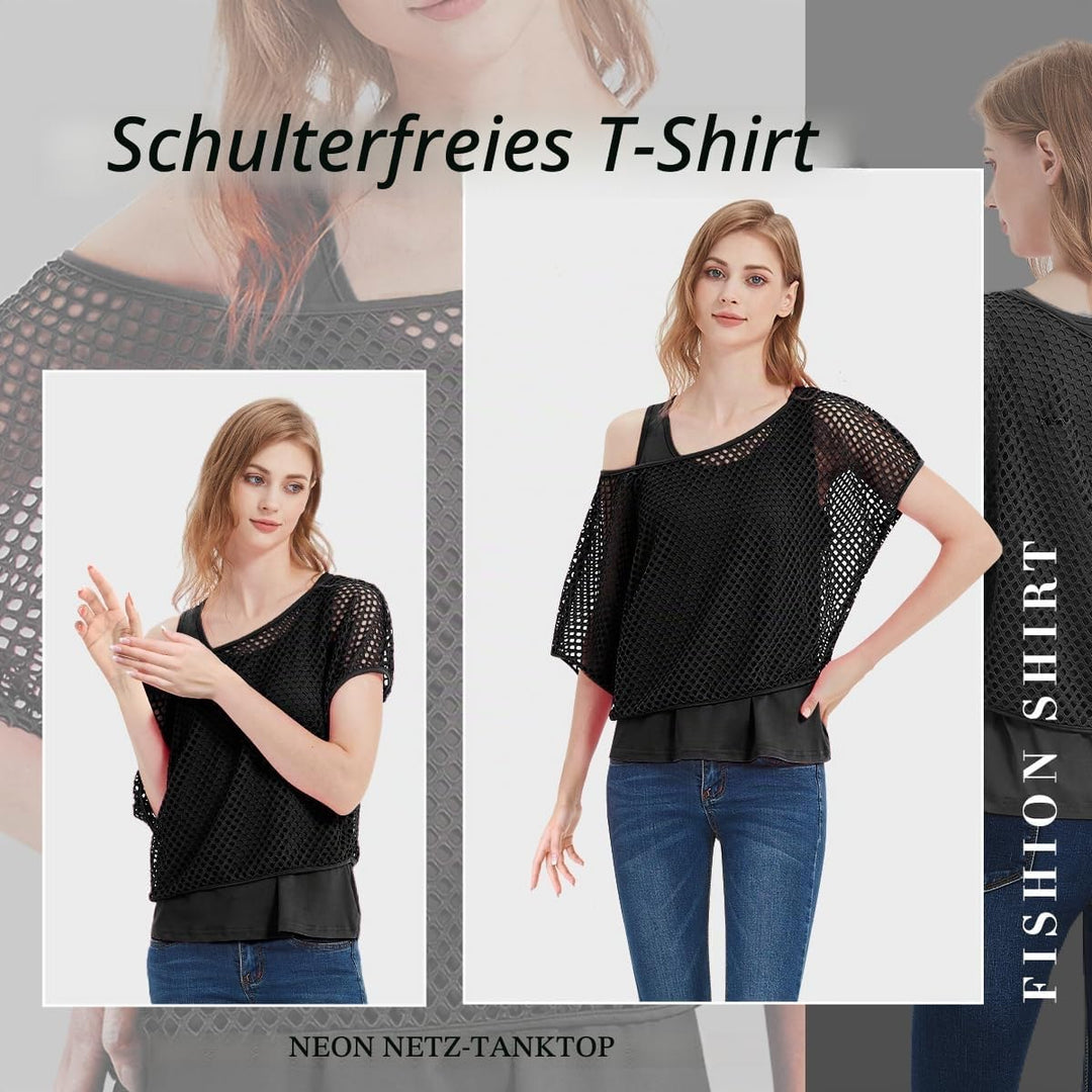 WILDPARTY 80er 90er Jahre Outfit Damen, Netzshirt, Tank top, Beinwärmer, Netzhandschuhe, Kostüm 80er