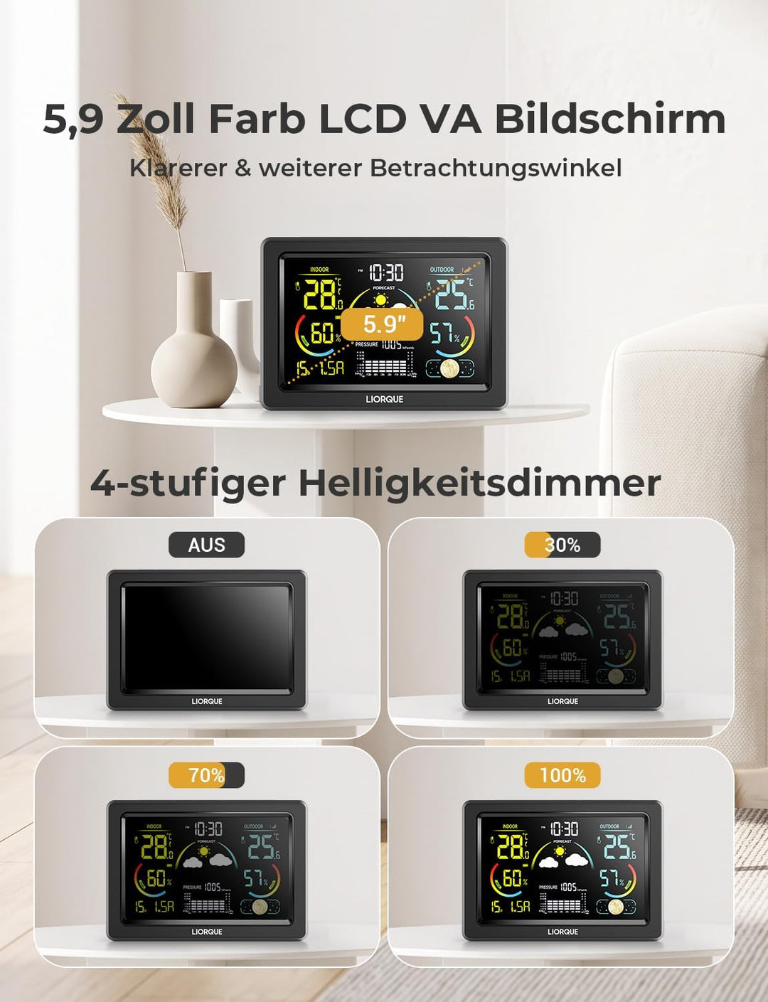 LIORQUE Wetterstation Funk mit Aussensensor, DCF Funkuhr, Funkwetterstation mit Wettervorhersage, In