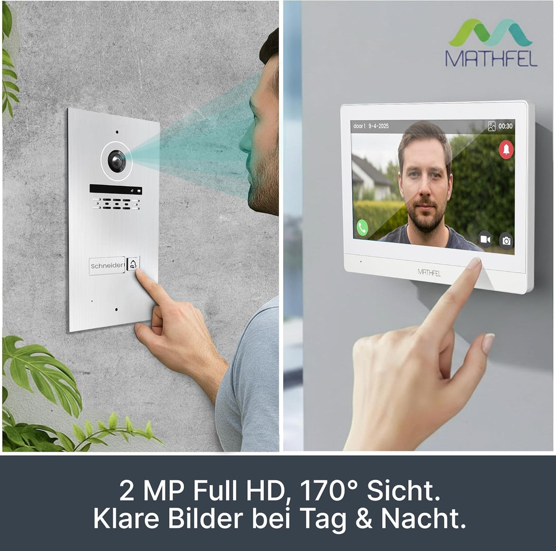 Mathfel 2-Draht Video Türsprechanlage mit Gesichtserkennung – WLAN Monitor, 2MP HD Kamera, 170° Weit