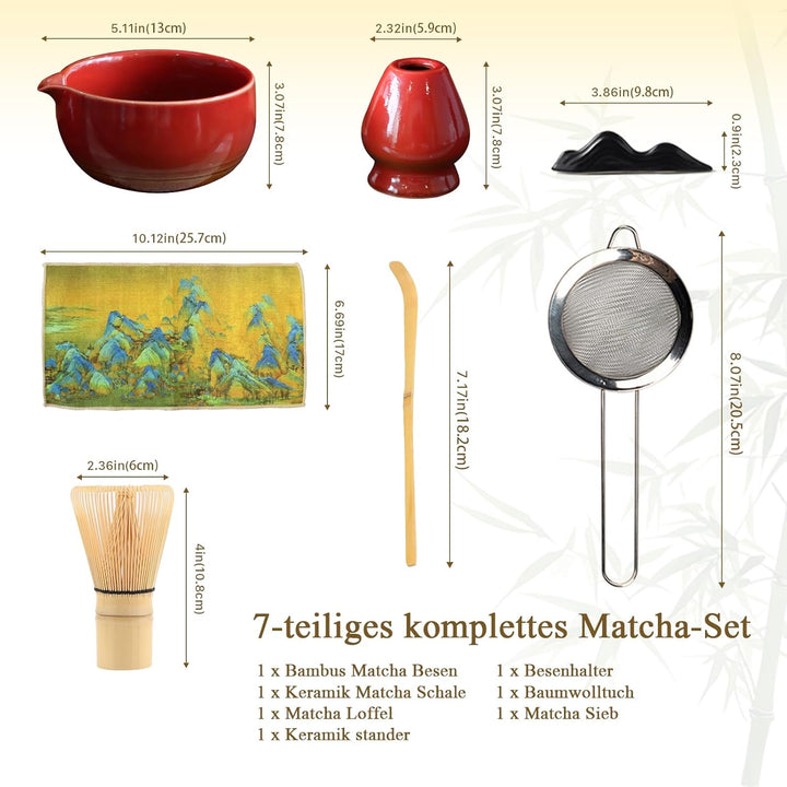 Matcha Set Handgedrehtes Macha Tea Set mit Bambus Matcha Besen, Keramik Matcha Schale, Löffel und Ha