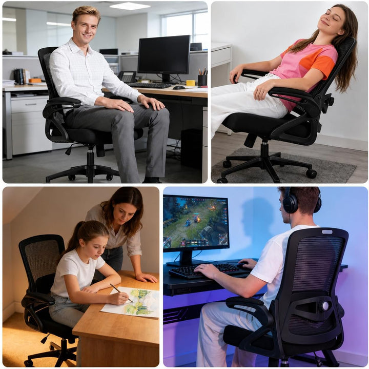 Bürostuhl Ergonomisch, Schreibtischstuhl mit Verstellbarer 4D Lendenwirbelstütze, Drehstuhl mit Klap