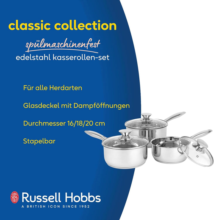 Russell Hobbs Topfsets Pfannenset 3-teilig - Antihaft-Edelstahl Kochgeschirr-Set, Topf 16/18/20cm, I